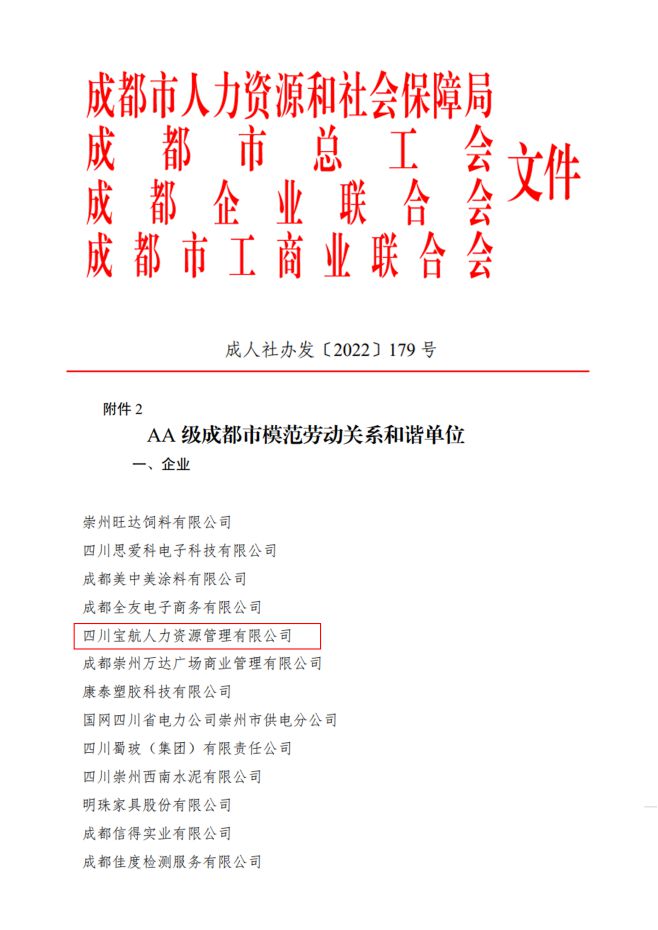 喜報｜寶航人力集團榮獲AA級成都市模范勞動關系和諧單位